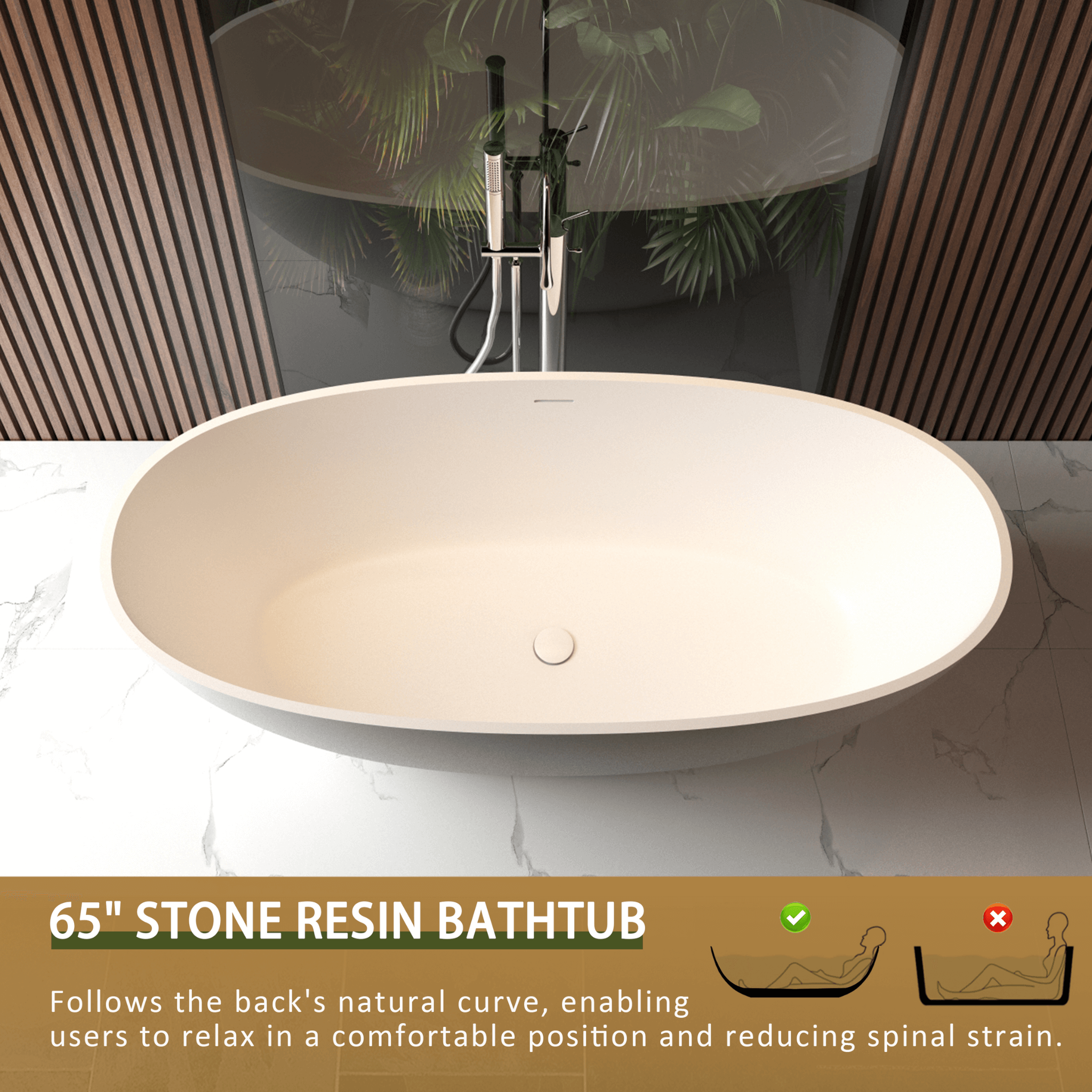 65" Luxury Freestanding Soaking Bathtub With Overflow And Pop-Up Drain