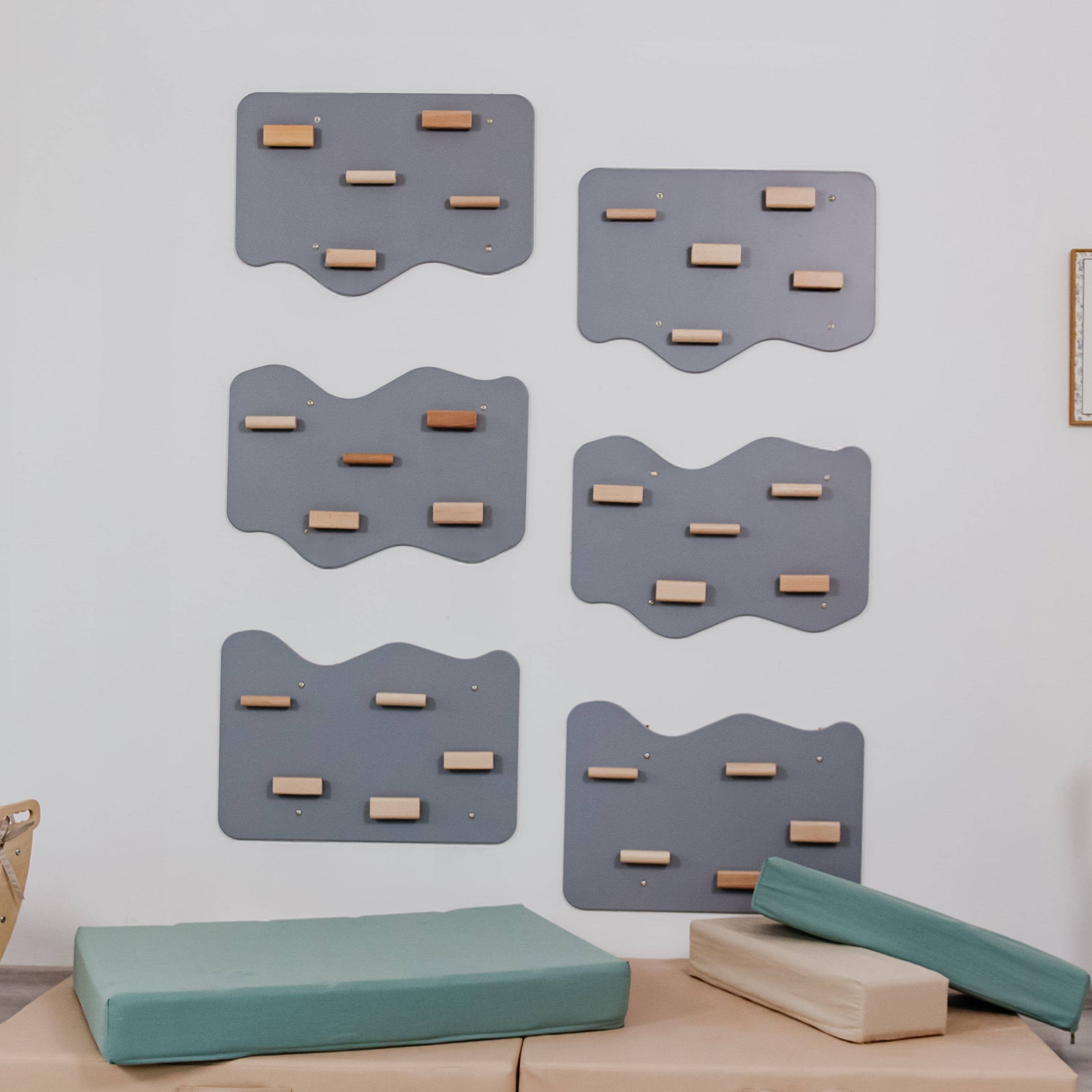 Indoor Rock Wall with Cloud-Shaped Panels & Wooden Climbing Holds