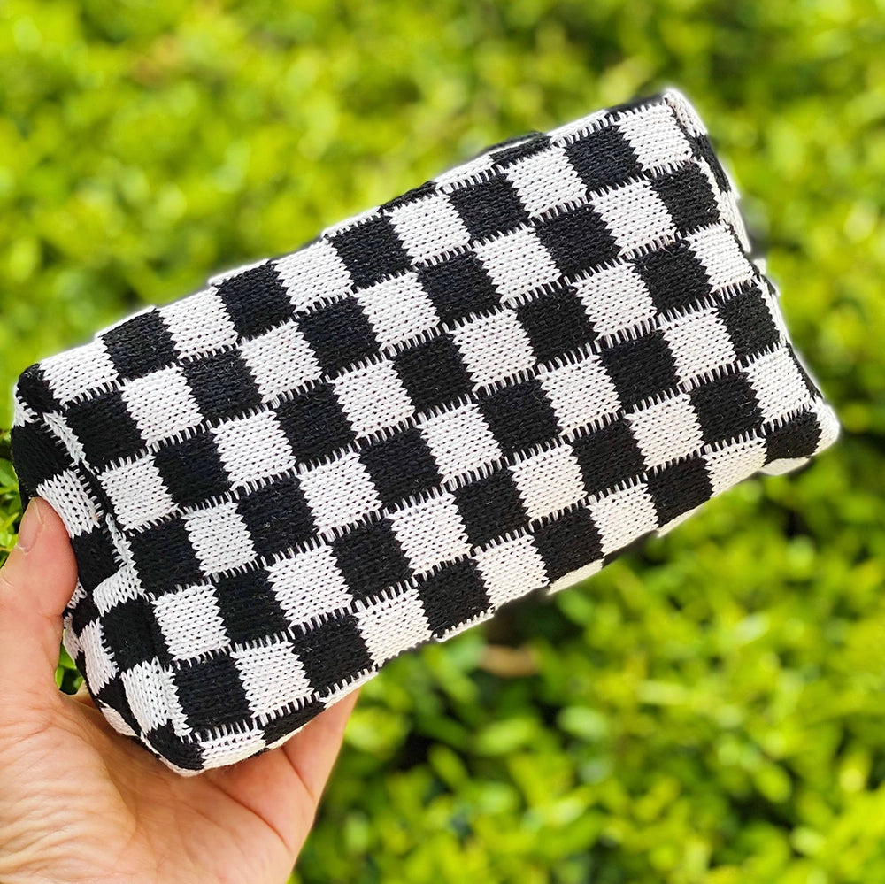 Checkered Knit Cosmetic Bag