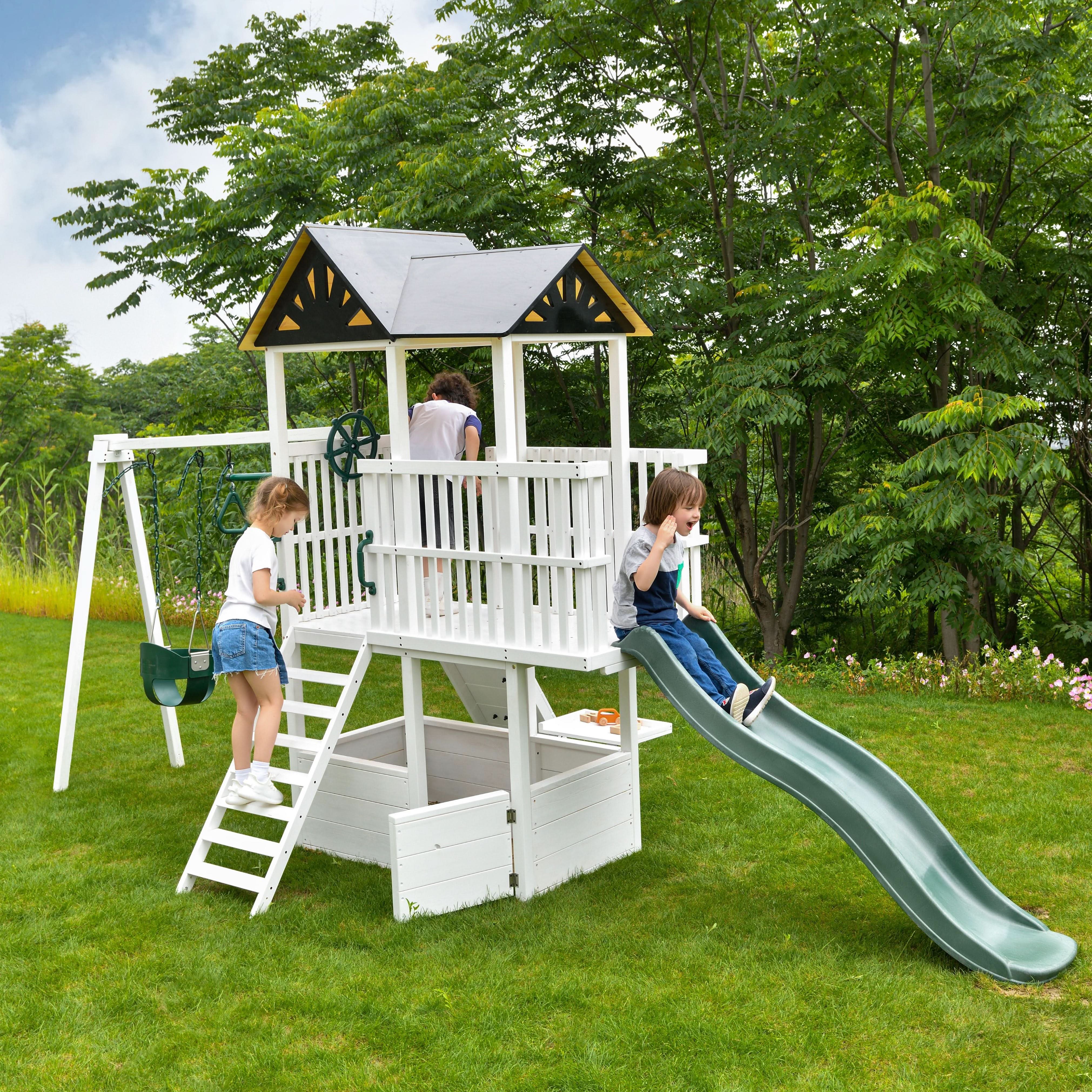 Craftsman Modern Outdoor Swing Set | Wooden Backyard Swing Frame for Kids