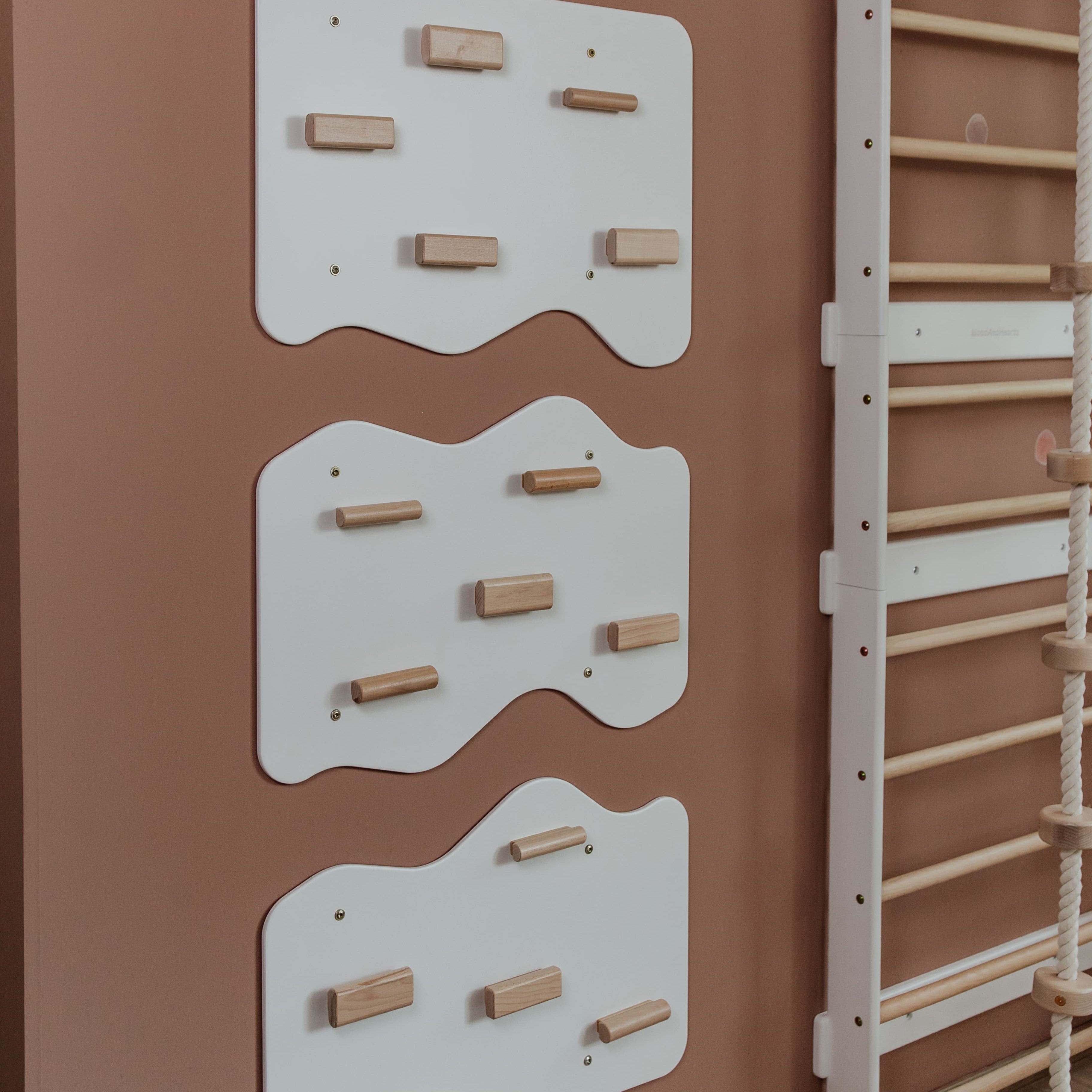 Indoor Rock Wall with Cloud-Shaped Panels & Wooden Climbing Holds