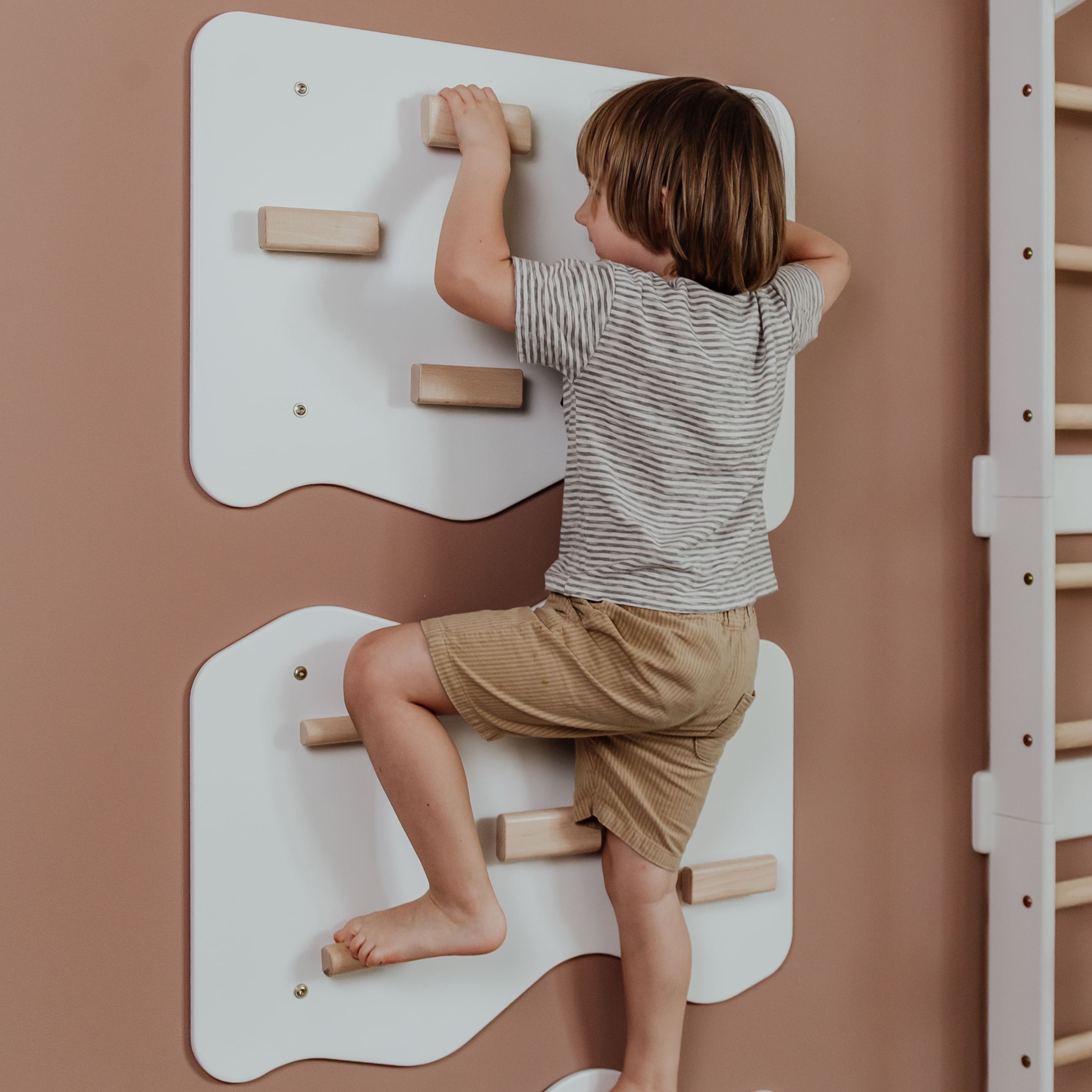 Indoor Rock Wall with Cloud-Shaped Panels & Wooden Climbing Holds