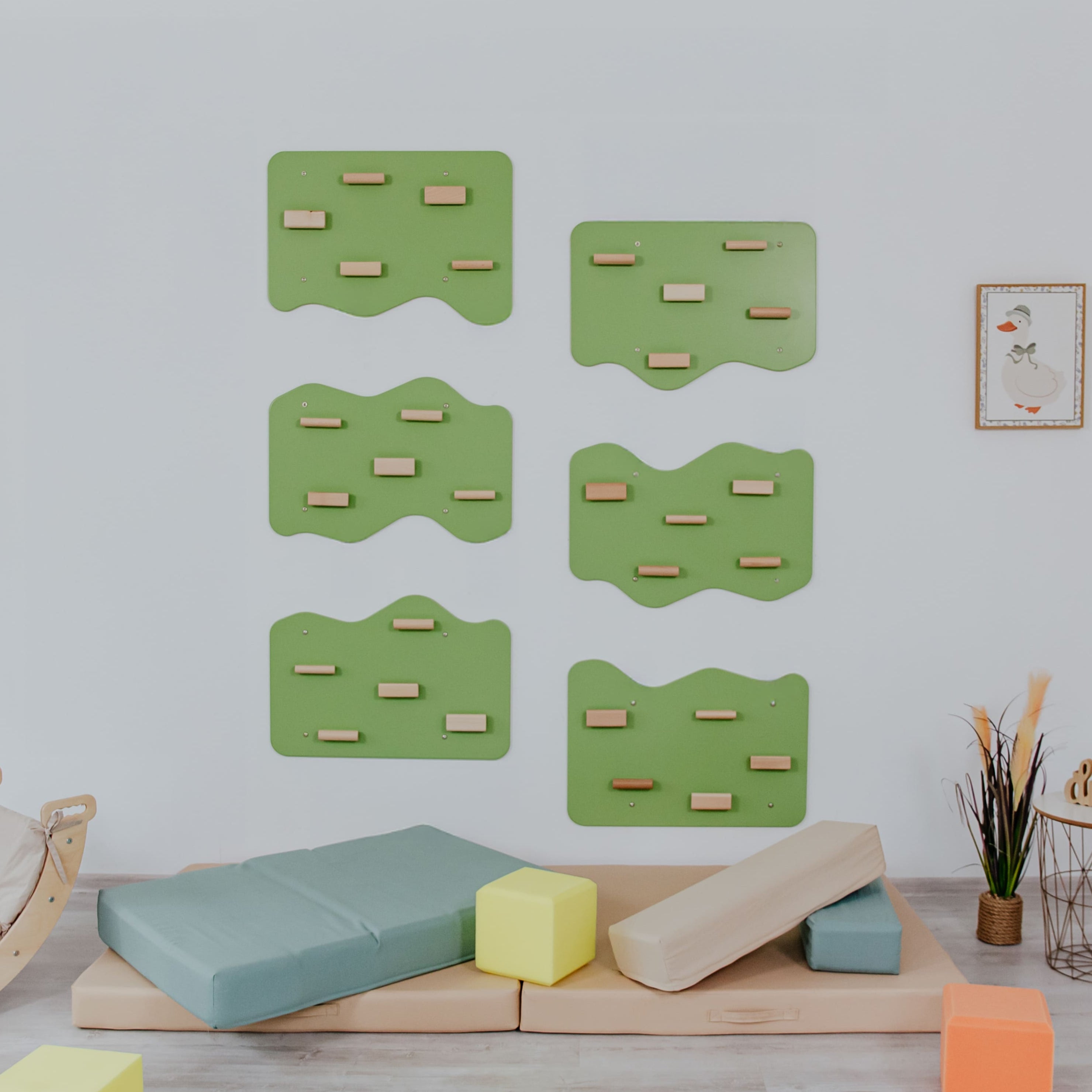 Indoor Rock Wall with Cloud-Shaped Panels & Wooden Climbing Holds