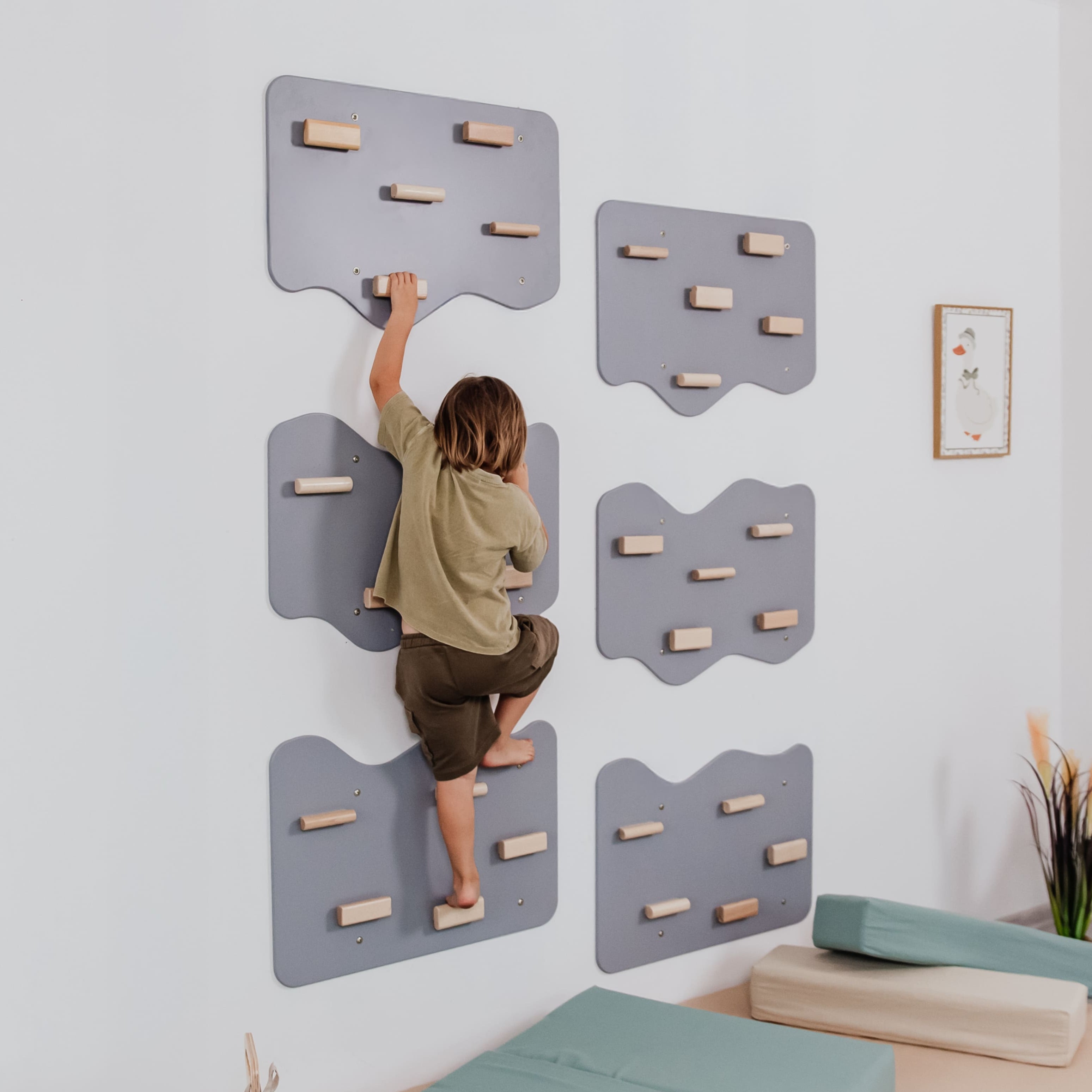 Indoor Rock Wall with Cloud-Shaped Panels & Wooden Climbing Holds