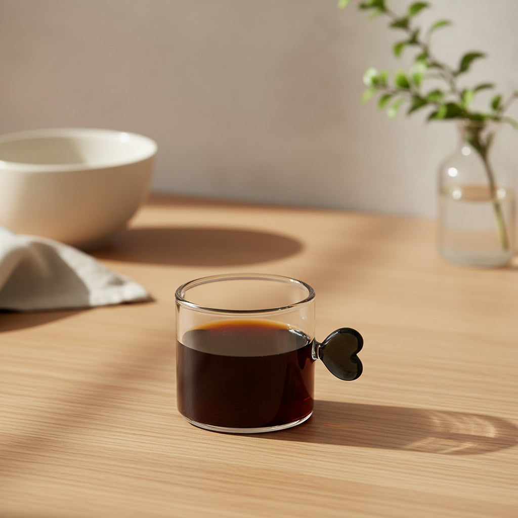 Glass mug with heart-shaped handle filled with dark liquid on a light surface.