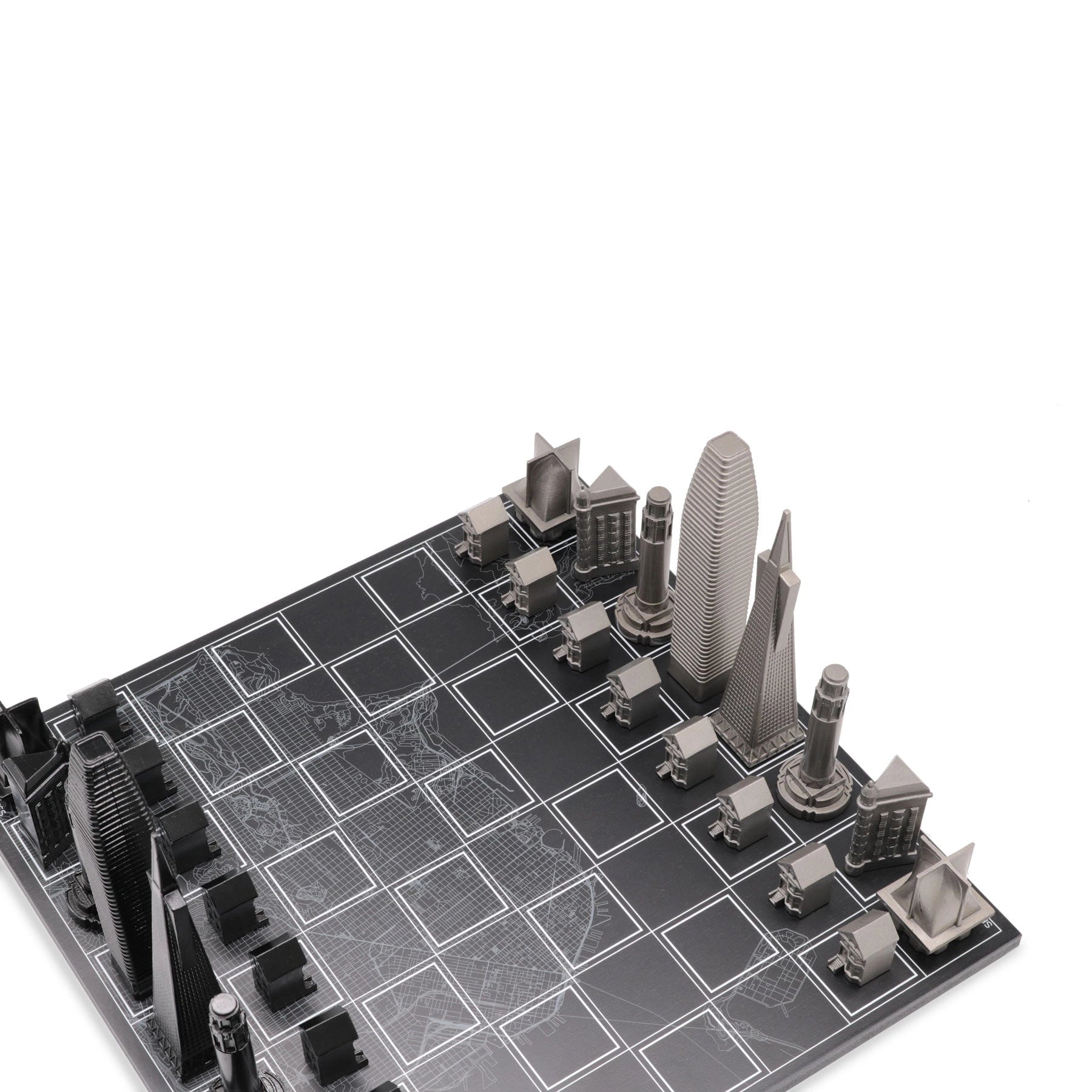 Chess Set Stainless Steel SAN FRANCISCO Edition with Wood Map Board