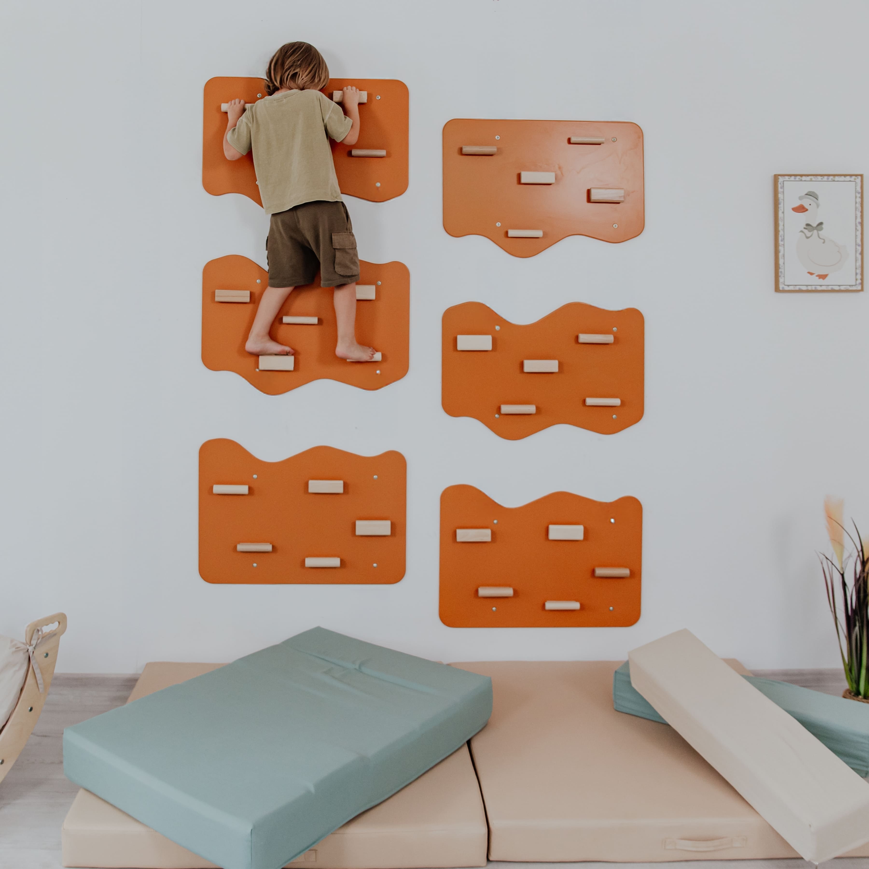 Indoor Rock Wall with Cloud-Shaped Panels & Wooden Climbing Holds
