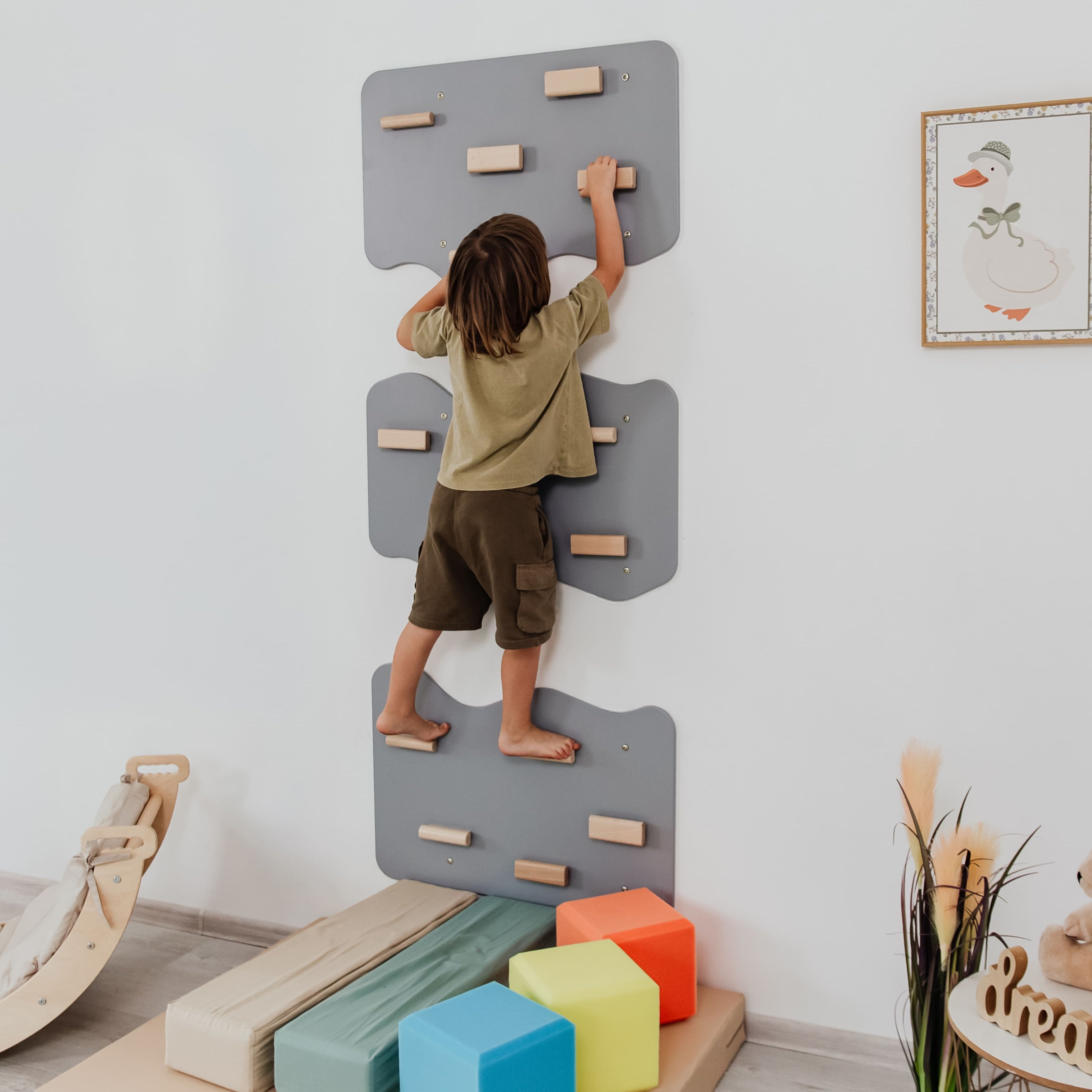 Indoor Rock Wall with Cloud-Shaped Panels & Wooden Climbing Holds