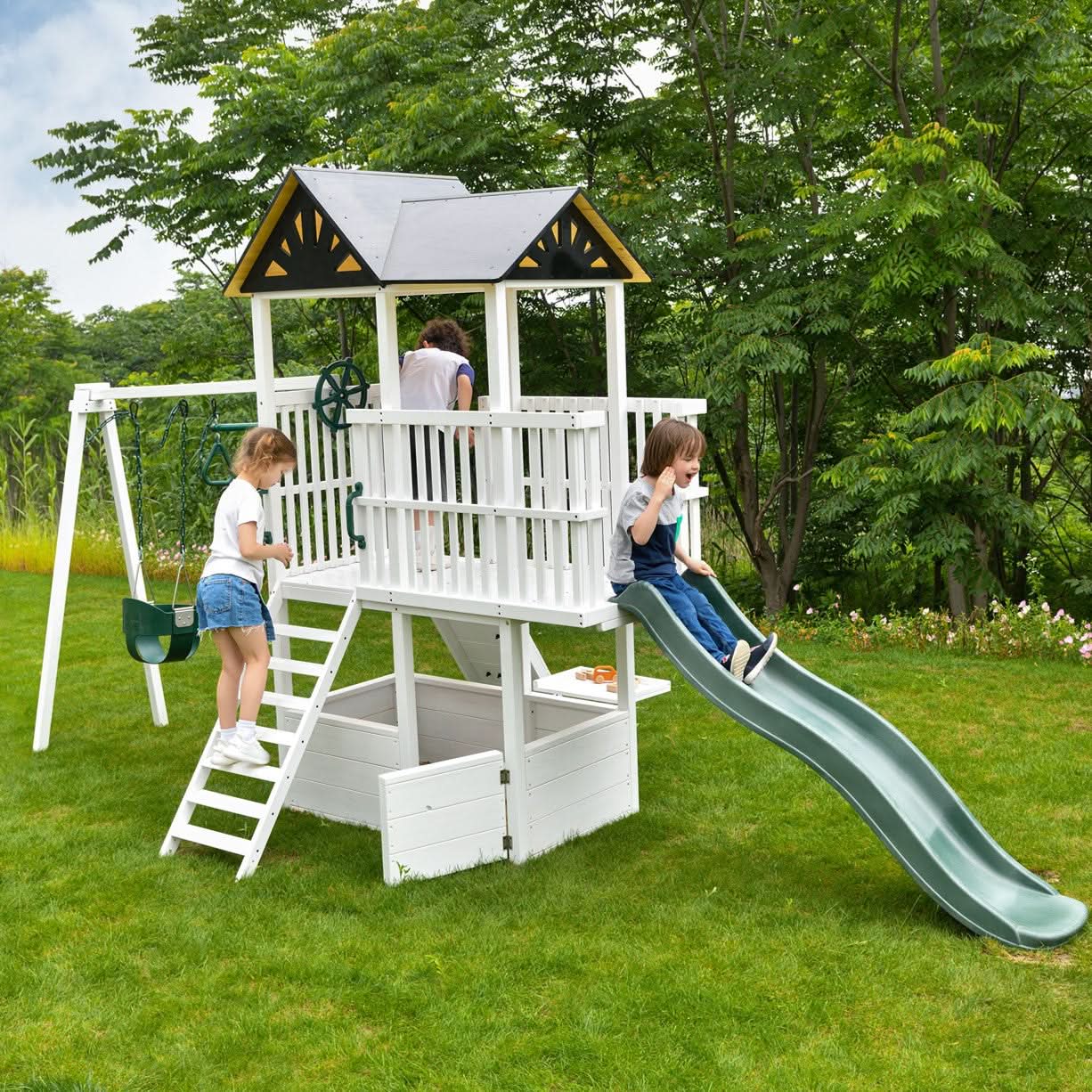 Craftsman Modern Outdoor Swing Set | Wooden Backyard Swing Frame for Kids
