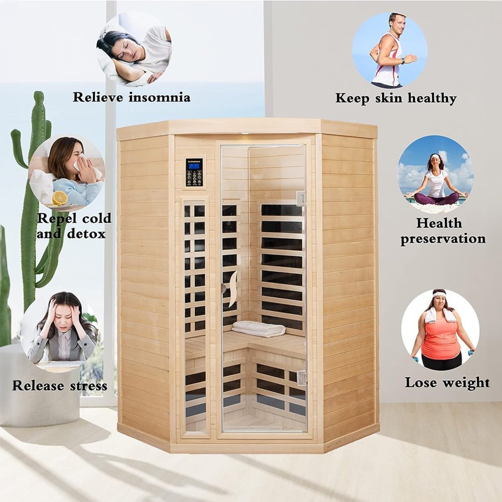 Two-Person Corner Space Infrared Wooden Sauna Room With Bluetooth Speakers, 1600W (SAK81524)