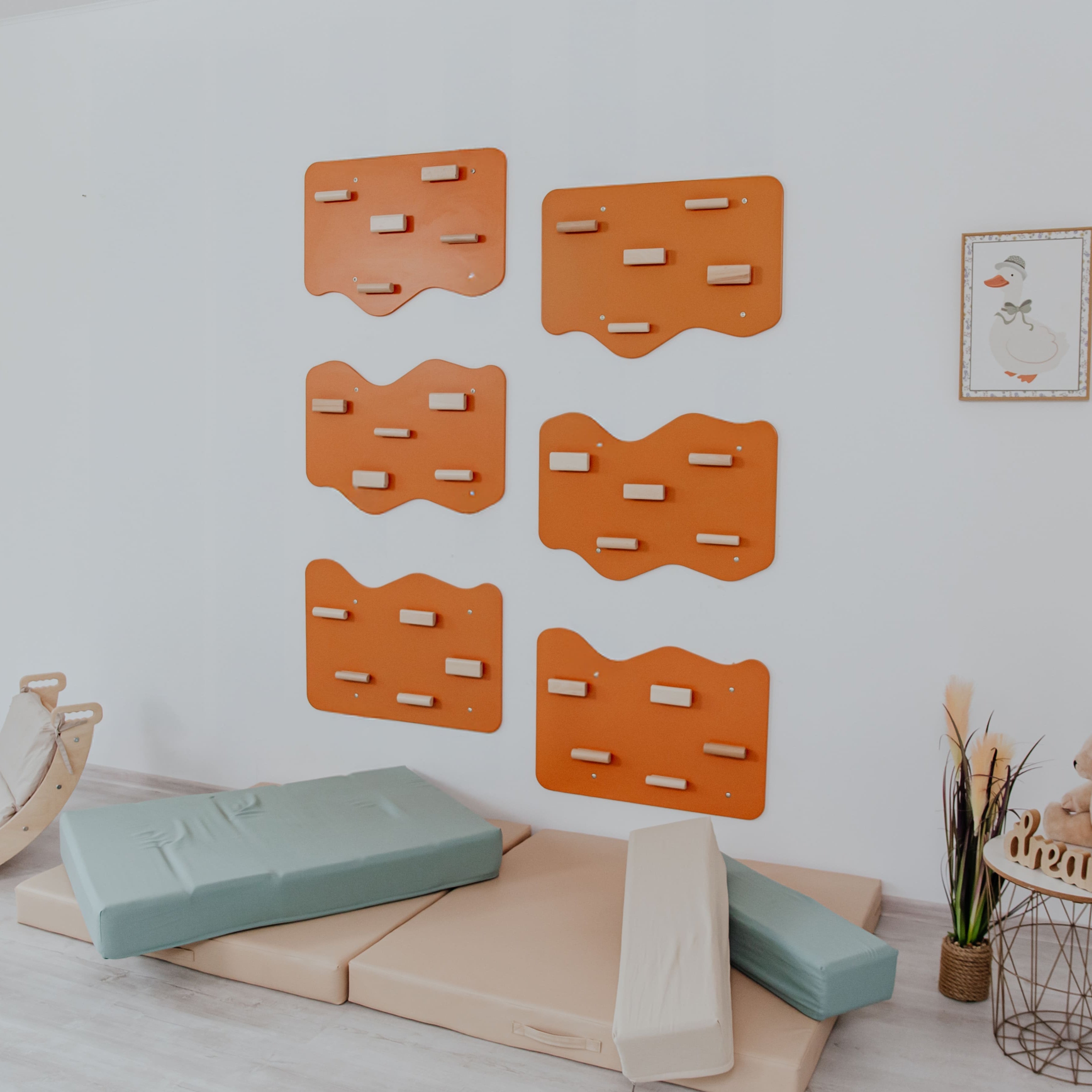 Indoor Rock Wall with Cloud-Shaped Panels & Wooden Climbing Holds