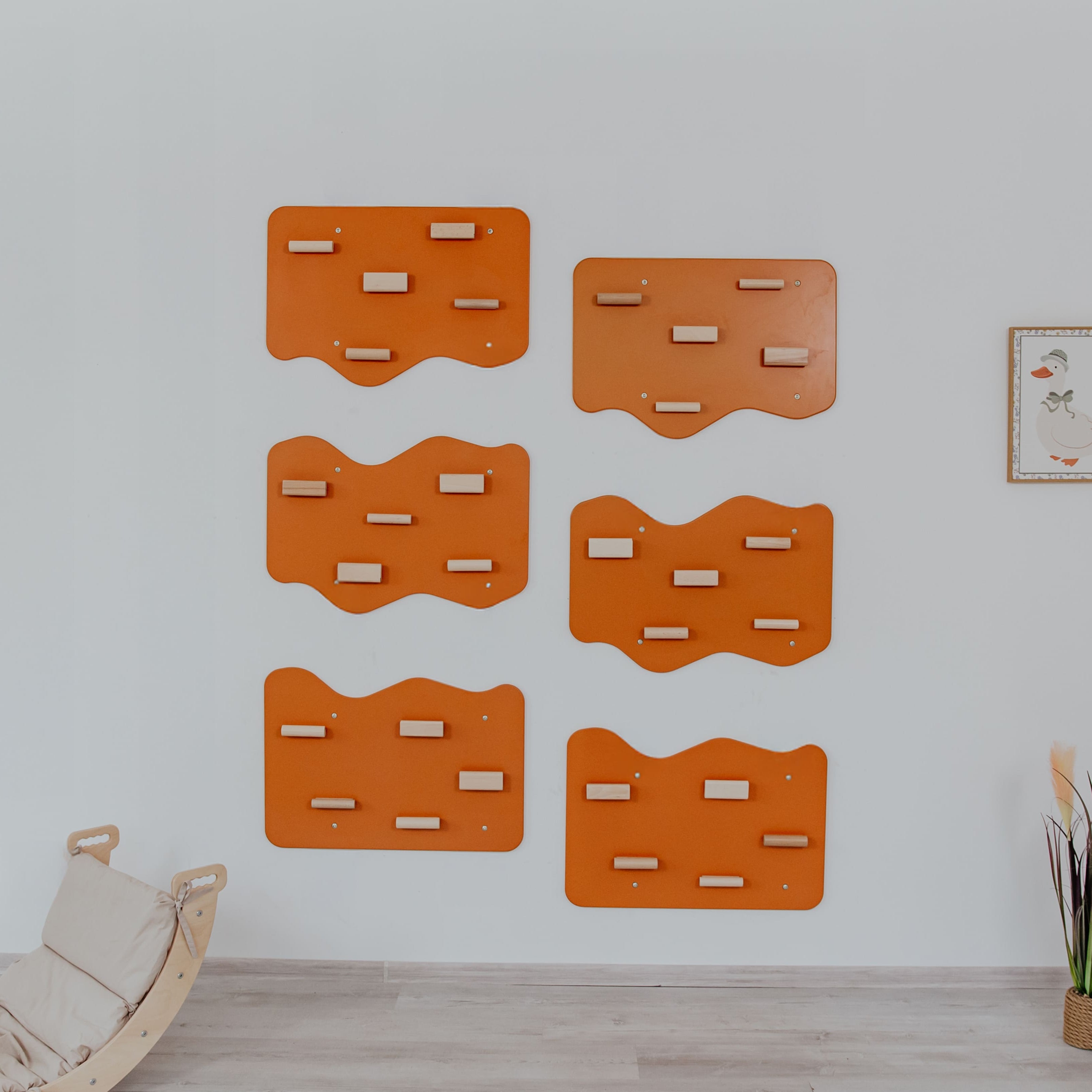 Indoor Rock Wall with Cloud-Shaped Panels & Wooden Climbing Holds